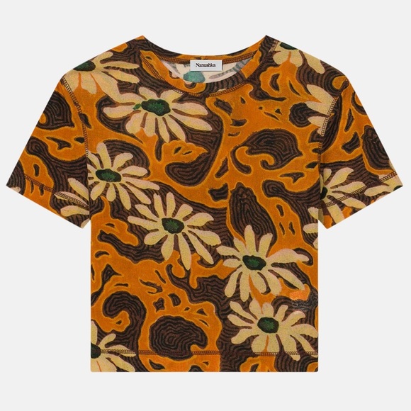 Nanushka Nilo Mesh Crewneck T-shirt Top Arte Povera Floral Orange Flower Print - Picture 1 of 8